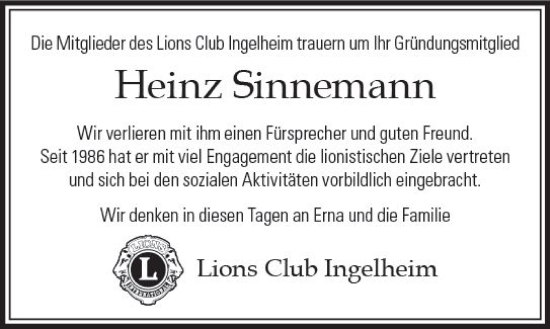 Traueranzeige von Heinz Sinnemann von Allgemeine Zeitung Rheinhessen-Nahe
