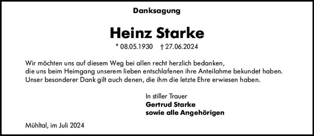  Traueranzeige für Heinz Starke vom 27.07.2024 aus Darmstädter Echo