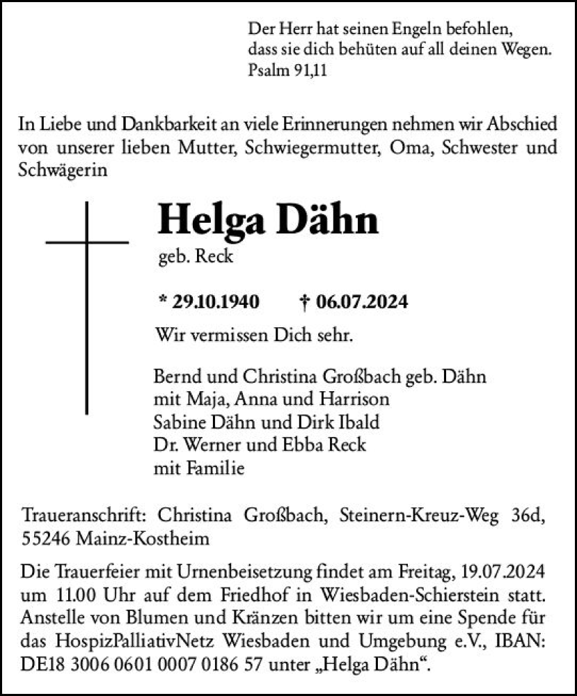  Traueranzeige für Helga Dähn vom 13.07.2024 aus Wiesbadener Kurier