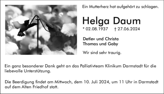 Traueranzeige von Helga Daum von Odenwälder Echo