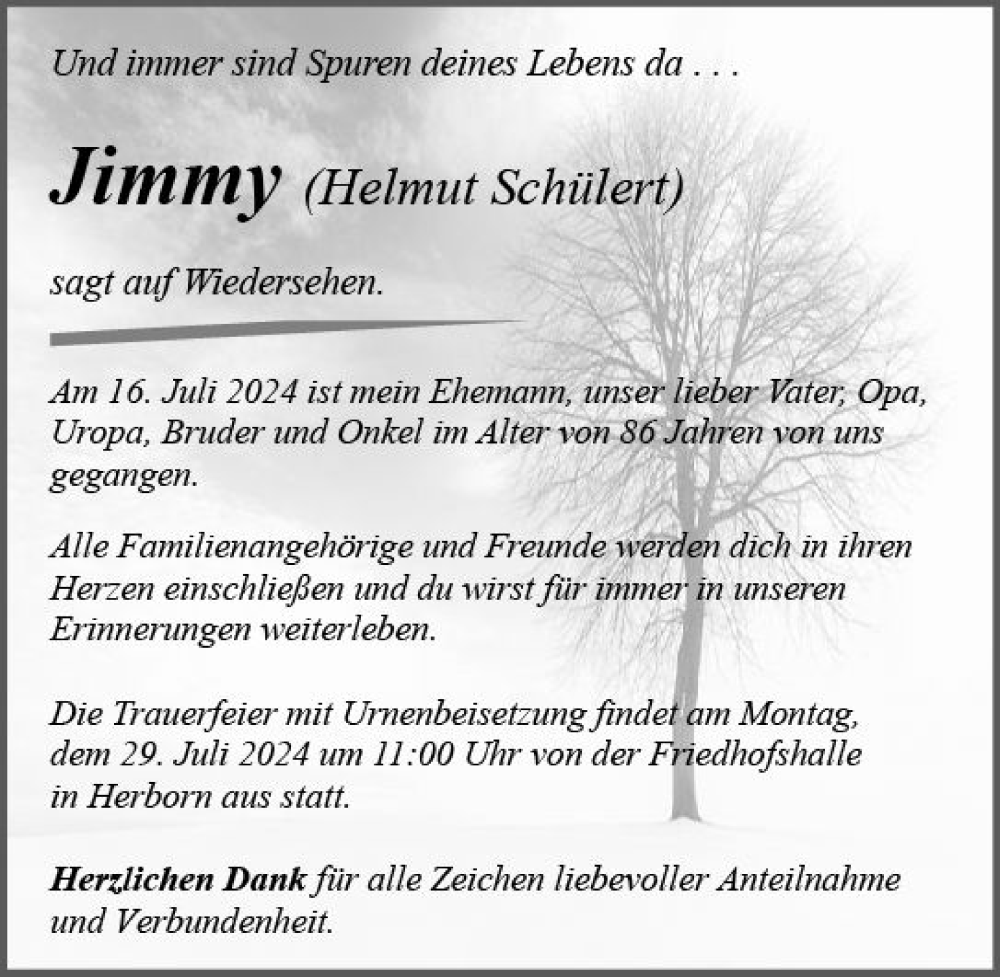  Traueranzeige für Helmut Schülert vom 26.07.2024 aus Dill Block