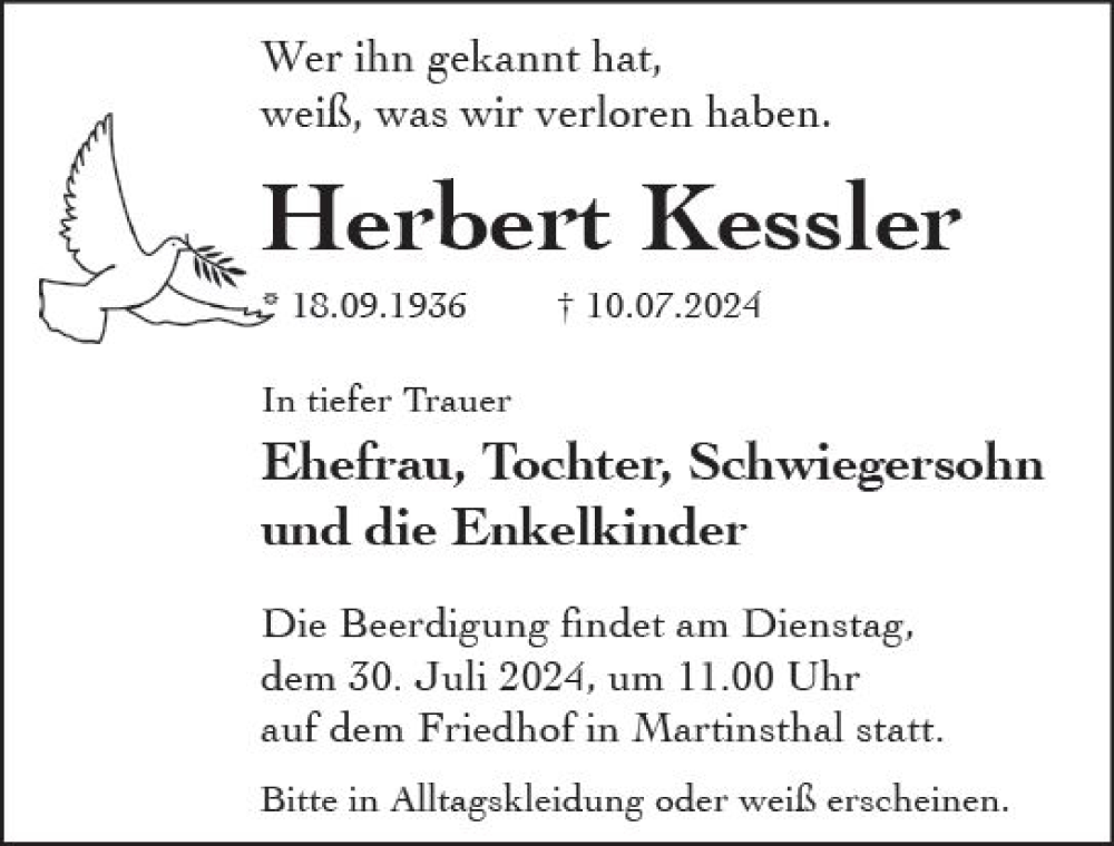  Traueranzeige für Herbert Kessler vom 27.07.2024 aus Rheingau Kurier
