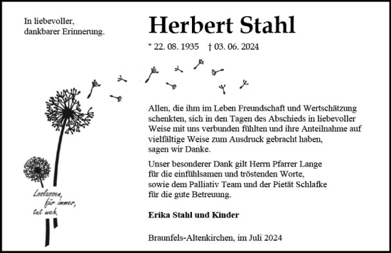 Traueranzeige von Herbert Stahl von Wetzlarer Neue Zeitung