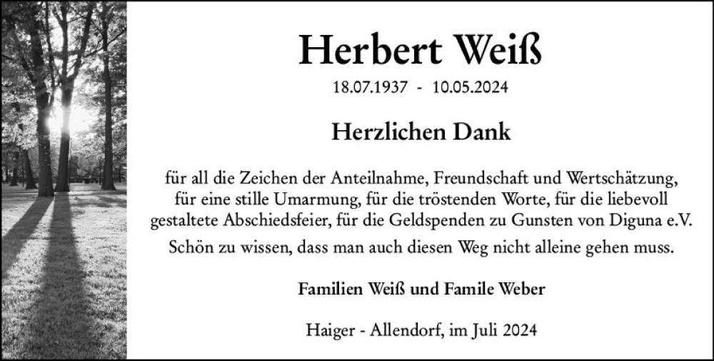  Traueranzeige für Herbert Weiß vom 06.07.2024 aus Dill Block