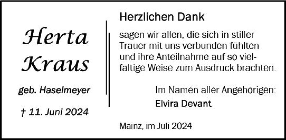  Traueranzeige für Herta Kraus vom 06.07.2024 aus Allgemeine Zeitung Mainz