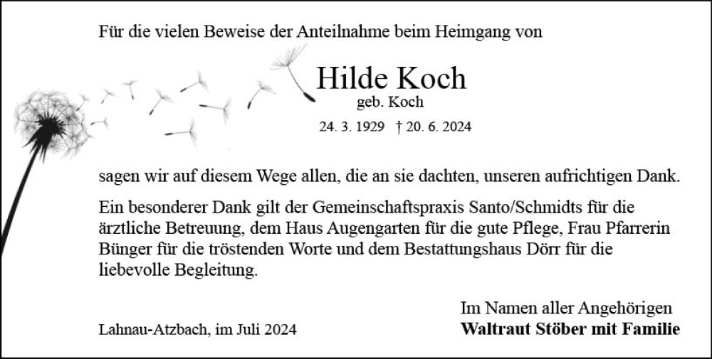  Traueranzeige für Hilde Koch vom 13.07.2024 aus Wetzlarer Neue Zeitung