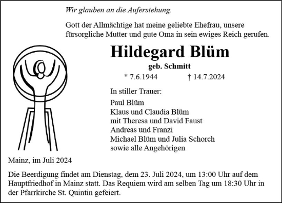 Traueranzeige von Hildegard Blüm von Allgemeine Zeitung Mainz