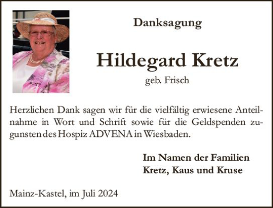 Traueranzeige von Hildegard Kretz von Allgemeine Zeitung Mainz