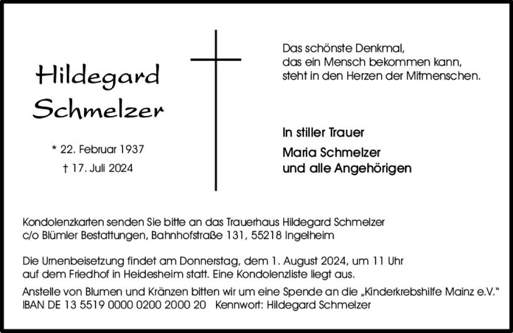  Traueranzeige für Hildegard Schmelzer vom 20.07.2024 aus Allgemeine Zeitung Rheinhessen-Nahe
