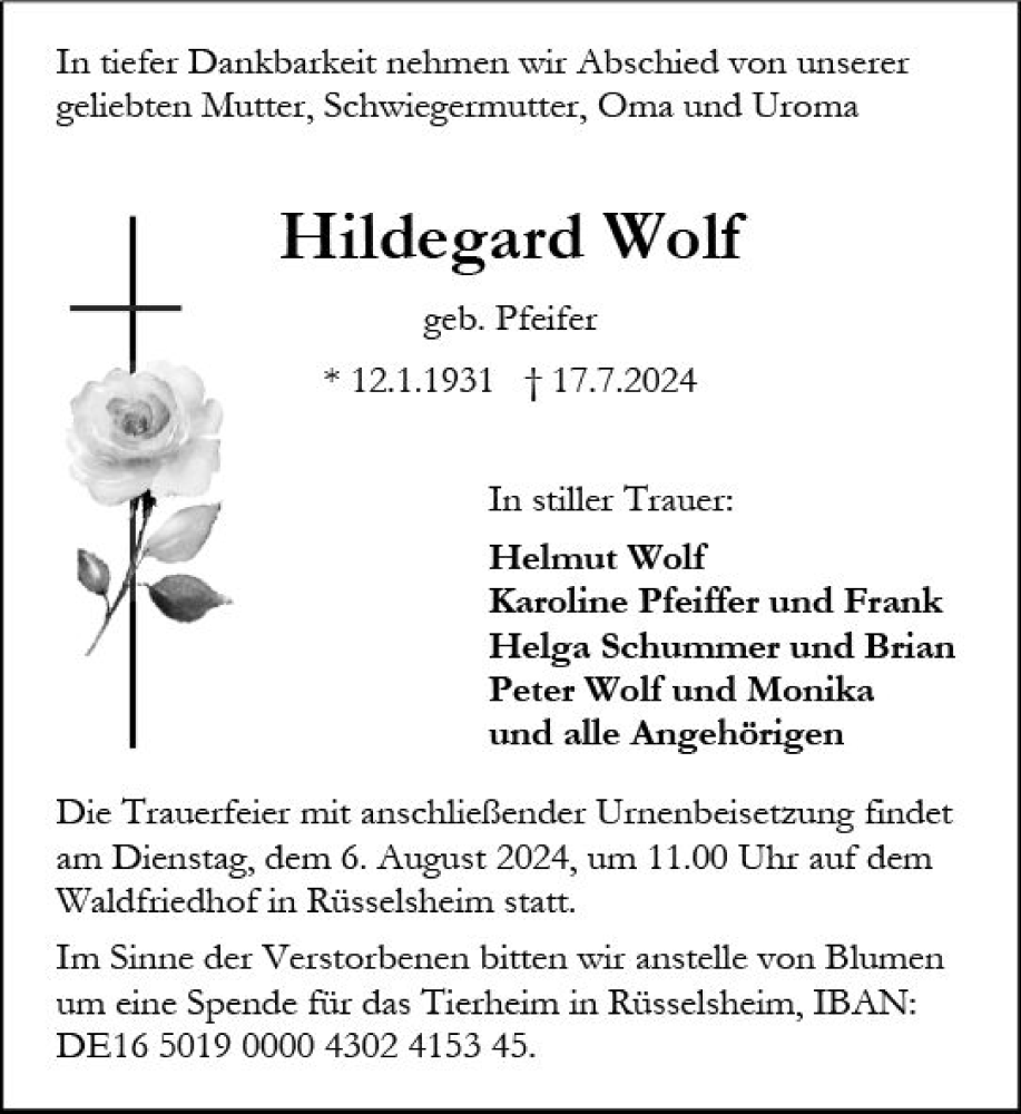  Traueranzeige für Hildegard Wolf vom 27.07.2024 aus Rüsselsheimer Echo