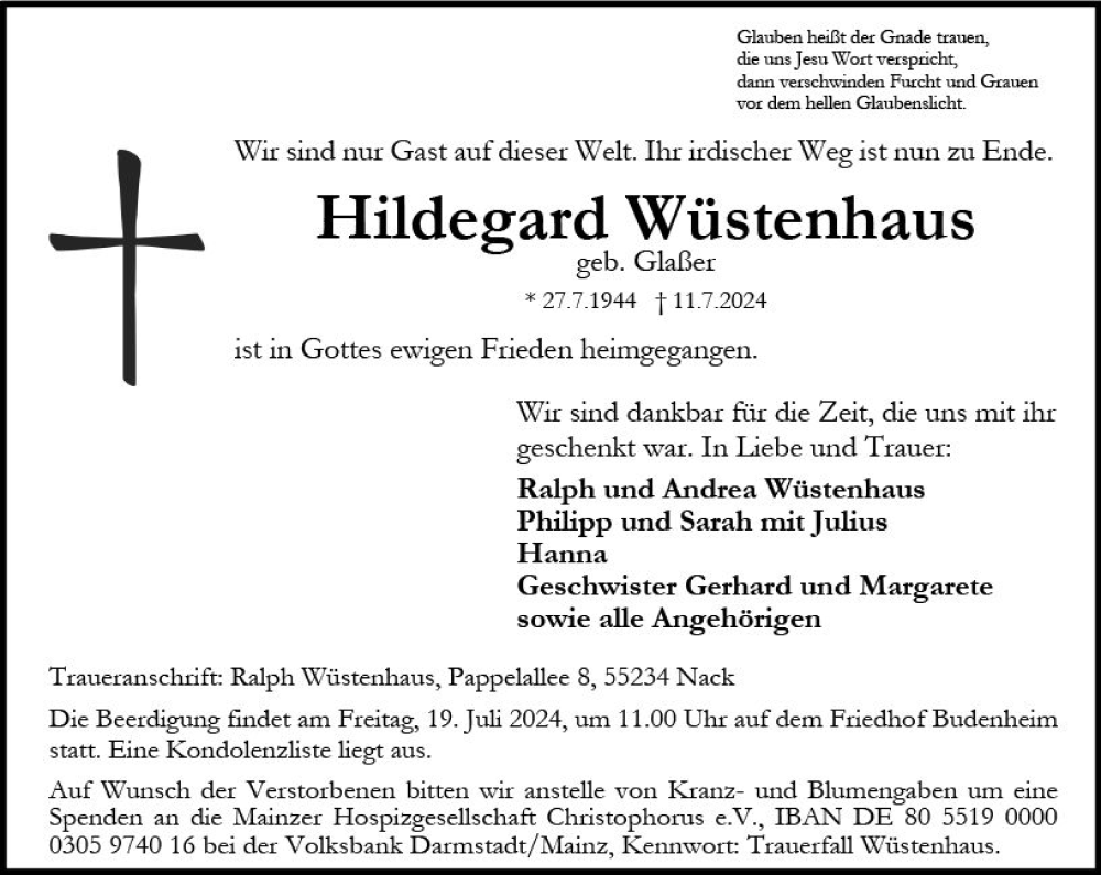  Traueranzeige für Hildegard Wüstenhaus vom 13.07.2024 aus Allgemeine Zeitung Mainz