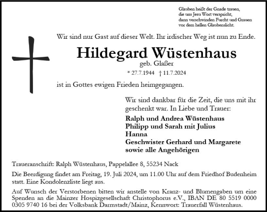 Traueranzeige von Hildegard Wüstenhaus von Allgemeine Zeitung Mainz