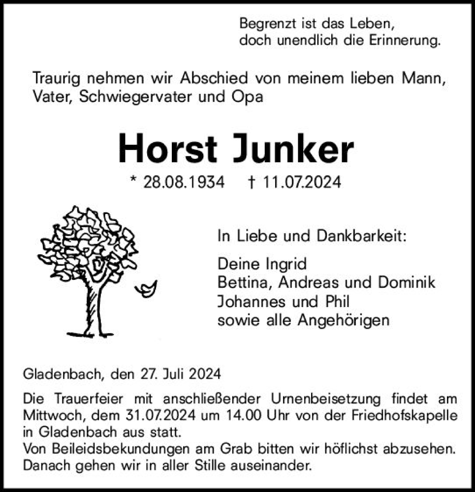  Traueranzeige für Horst Junker vom 27.07.2024 aus Hinterländer Anzeiger