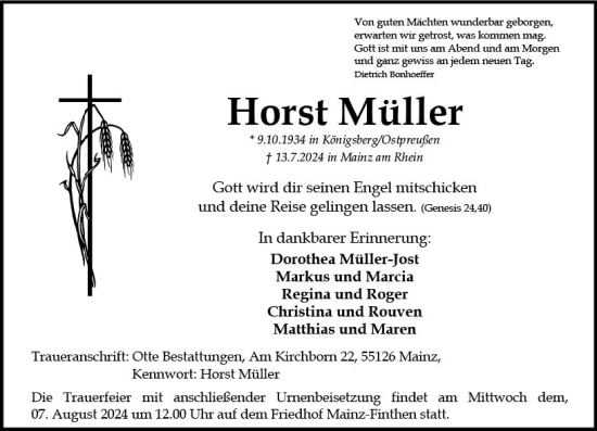 Traueranzeige von Horst Müller von Allgemeine Zeitung Mainz