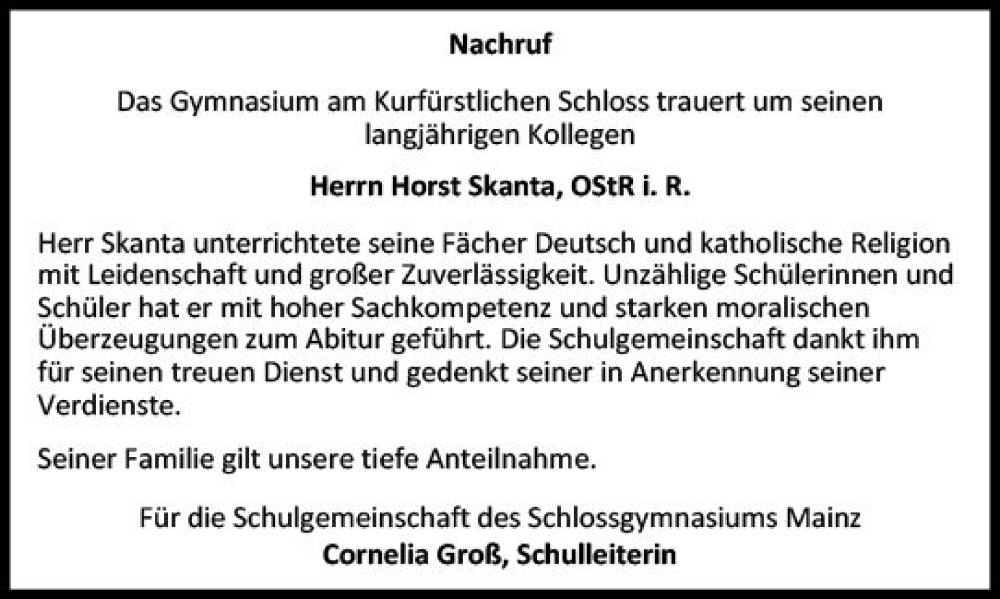  Traueranzeige für Horst Skanta vom 20.07.2024 aus Allgemeine Zeitung Mainz