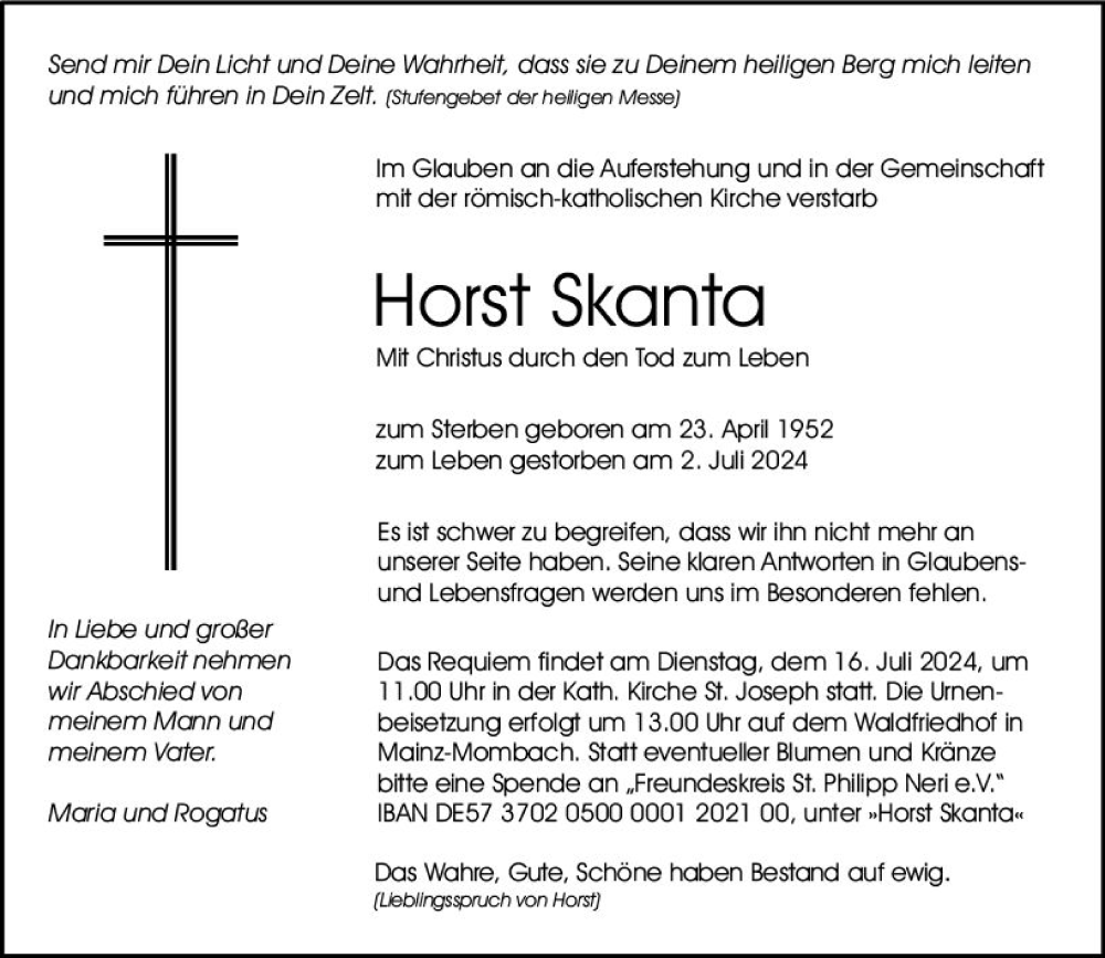  Traueranzeige für Horst Skanta vom 10.07.2024 aus Allgemeine Zeitung Mainz