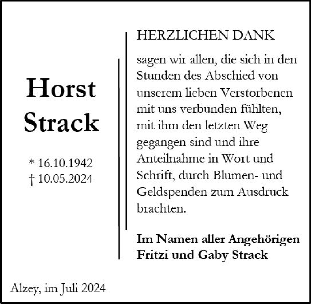  Traueranzeige für Horst Strack vom 13.07.2024 aus Allgemeine Zeitung Alzey