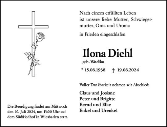 Traueranzeige von Ilona Diehl von Wiesbadener Kurier