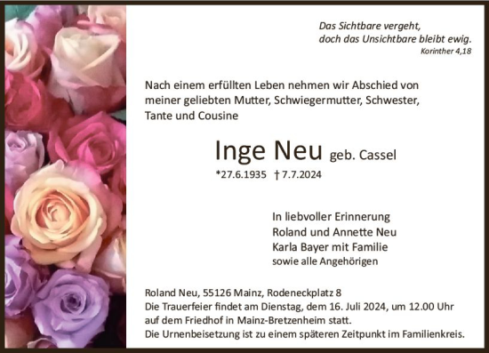 Traueranzeige von Inge Neu von Allgemeine Zeitung Mainz