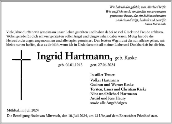 Traueranzeige von Ingrid Hartmann von Darmstädter Echo