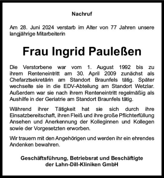 Traueranzeige von Ingrid Pauleßen von Wetzlarer Neue Zeitung