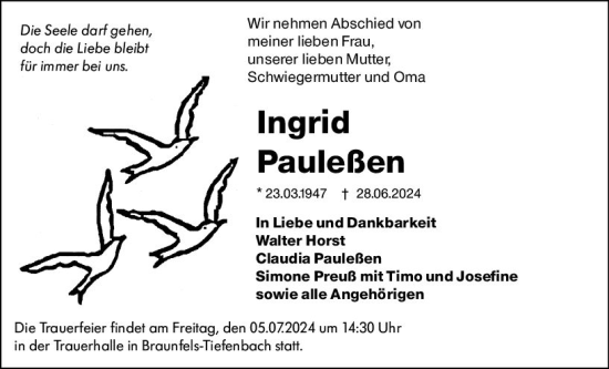 Traueranzeige von Ingrid Pauleßen von Wetzlarer Neue Zeitung