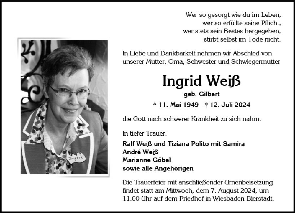  Traueranzeige für Ingrid Weiß vom 27.07.2024 aus Wiesbadener Kurier