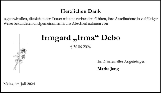 Traueranzeige von Irmgard Debo von Allgemeine Zeitung Mainz