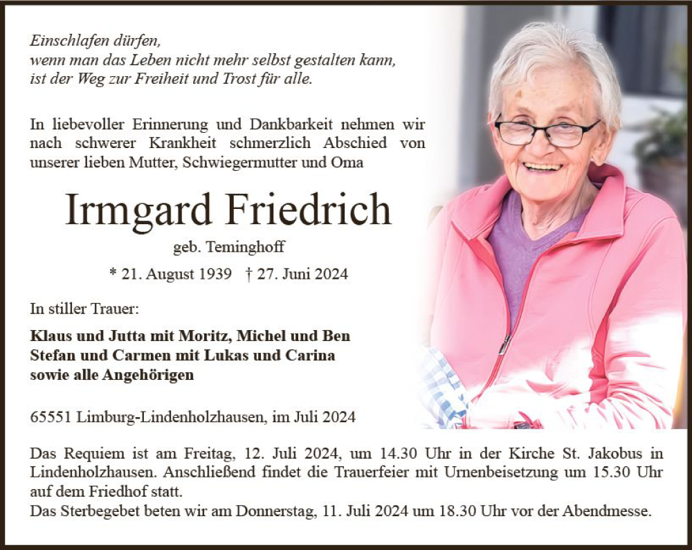  Traueranzeige für Irmgard Friedrich vom 06.07.2024 aus Nassauische Neue Presse