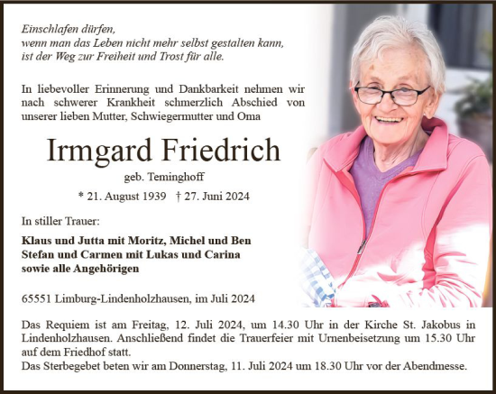 Traueranzeige von Irmgard Friedrich von Nassauische Neue Presse