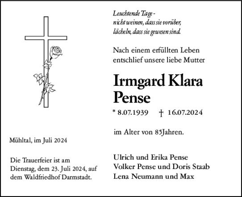  Traueranzeige für Irmgard Klara Pense vom 20.07.2024 aus Darmstädter Echo