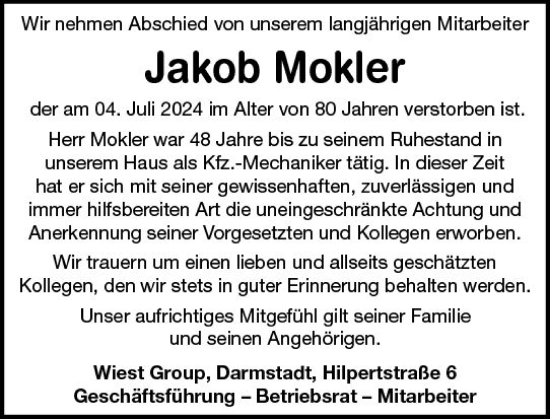 Traueranzeige von Jakob Mokler von Darmstädter Echo