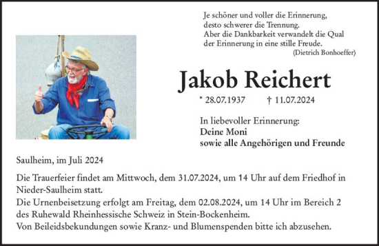 Traueranzeige von Jakob Reichert von Allgemeine Zeitung Alzey