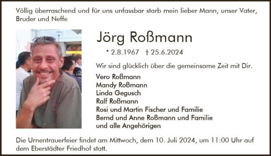 Traueranzeige von Jörg Roßmann von Darmstädter Echo