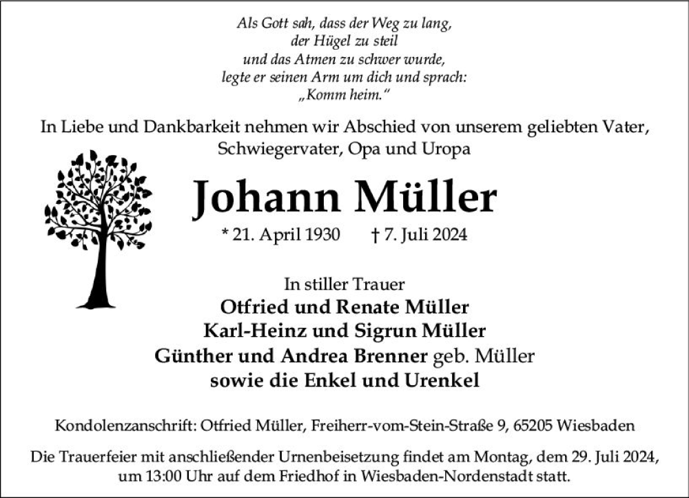 Traueranzeige für Johann Müller vom 20.07.2024 aus Wiesbadener Kurier