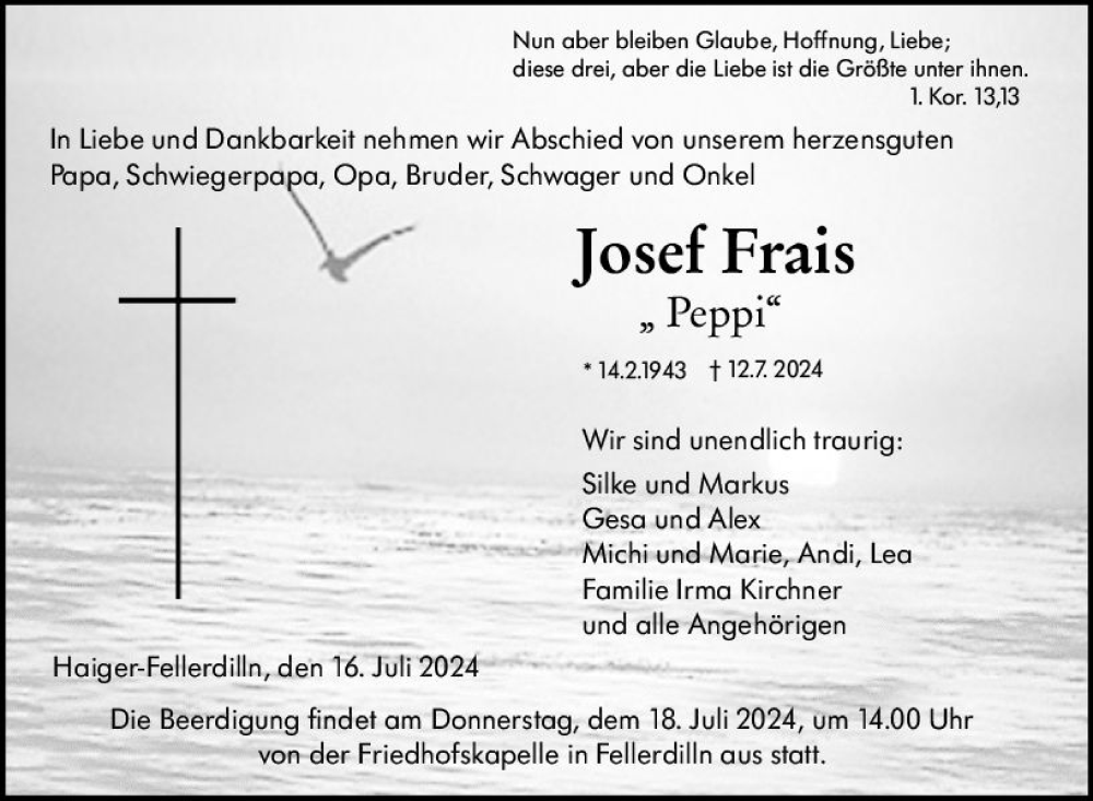  Traueranzeige für Josef Frais vom 16.07.2024 aus Dill Block