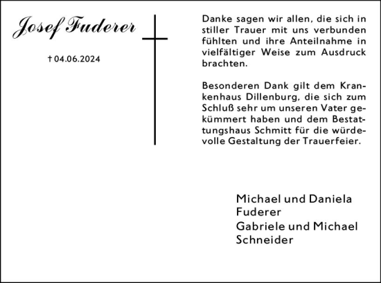 Traueranzeige von Josef Fuderer von Dill Block