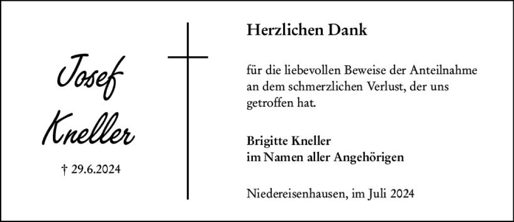  Traueranzeige für Josef Kneller vom 27.07.2024 aus Hinterländer Anzeiger