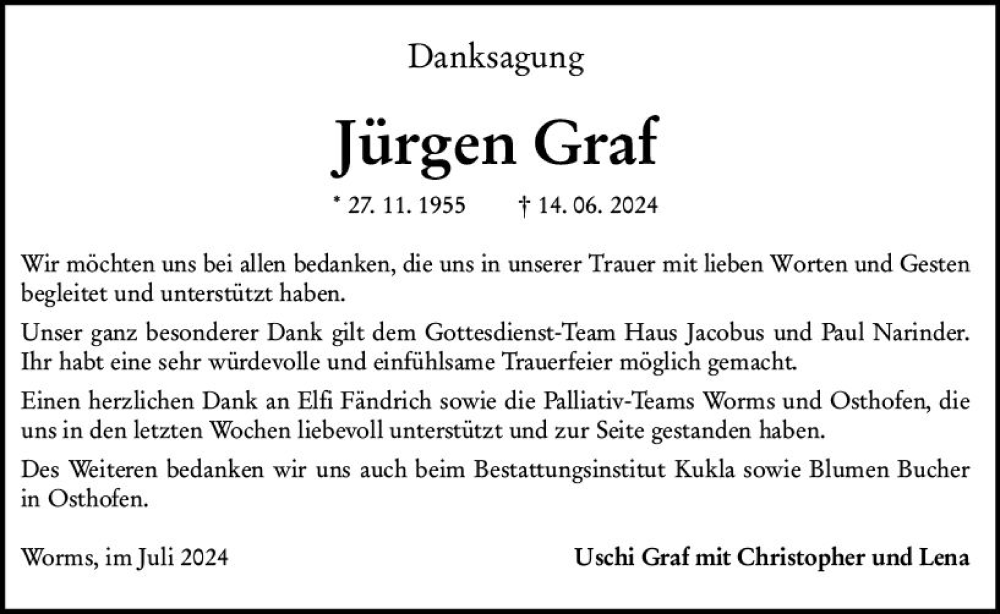  Traueranzeige für Jürgen Graf vom 27.07.2024 aus Wormser Zeitung