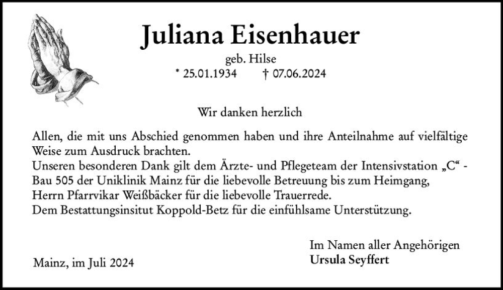  Traueranzeige für Juliana Eisenhauer vom 06.07.2024 aus Allgemeine Zeitung Mainz