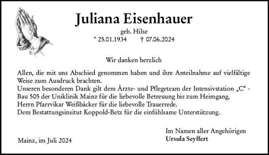 Traueranzeige von Juliana Eisenhauer von Allgemeine Zeitung Mainz