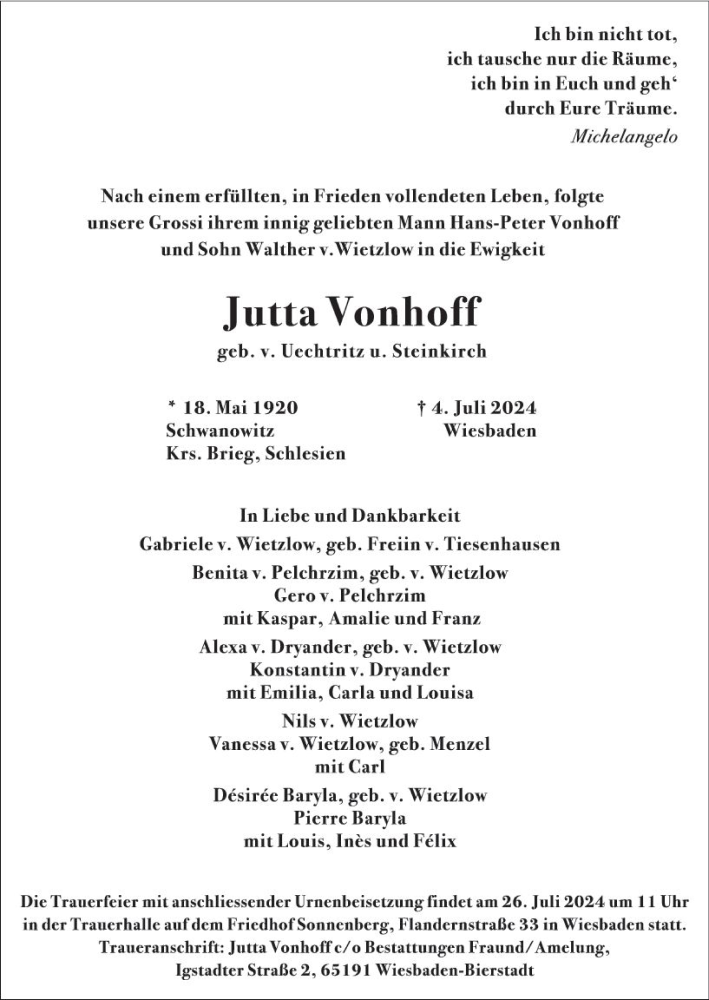  Traueranzeige für Jutta Vonhoff vom 13.07.2024 aus Wiesbadener Kurier