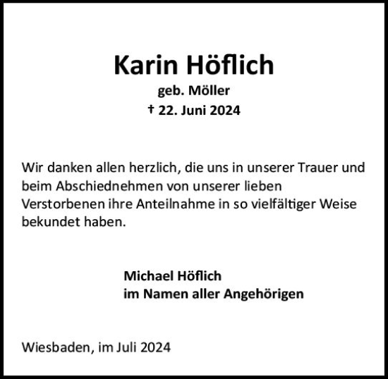 Traueranzeige von Karin Höflich von Wiesbadener Kurier