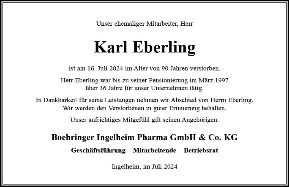  Traueranzeige für Karl Eberling vom 31.07.2024 aus Allgemeine Zeitung Rheinhessen-Nahe
