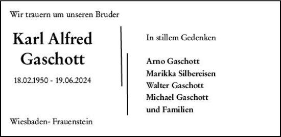 Traueranzeige von Karl Gaschott von Wiesbadener Kurier