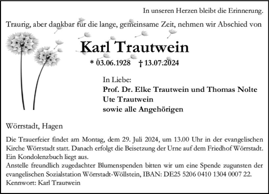 Traueranzeige von Karl Trautwein von Allgemeine Zeitung Alzey