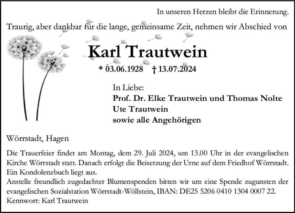  Traueranzeige für Karl Trautwein vom 22.07.2024 aus Allgemeine Zeitung Alzey