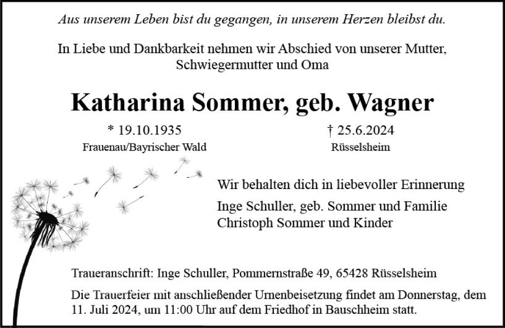  Traueranzeige für Katharina Sommer vom 06.07.2024 aus Rüsselsheimer Echo