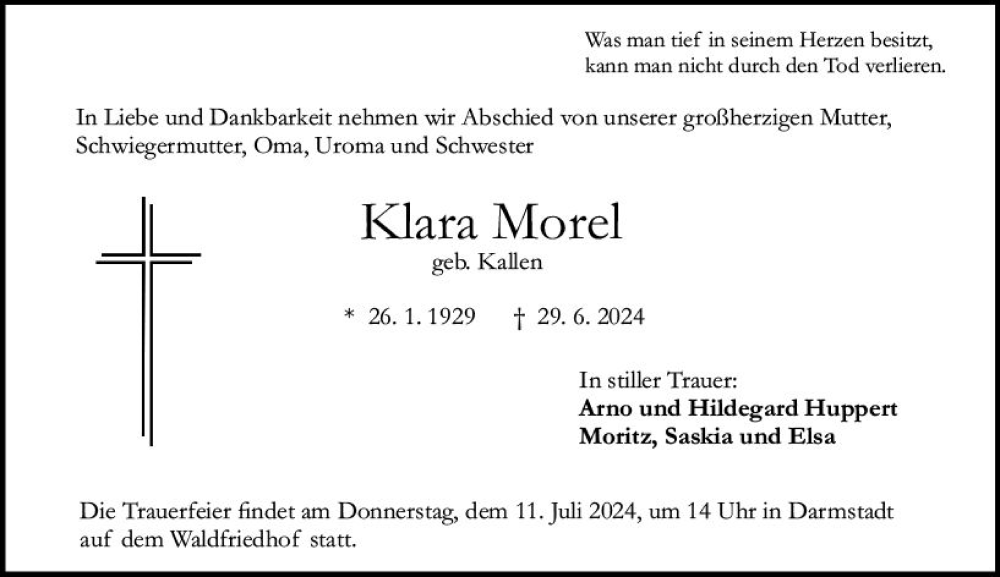  Traueranzeige für Klara Morel vom 06.07.2024 aus Darmstädter Echo