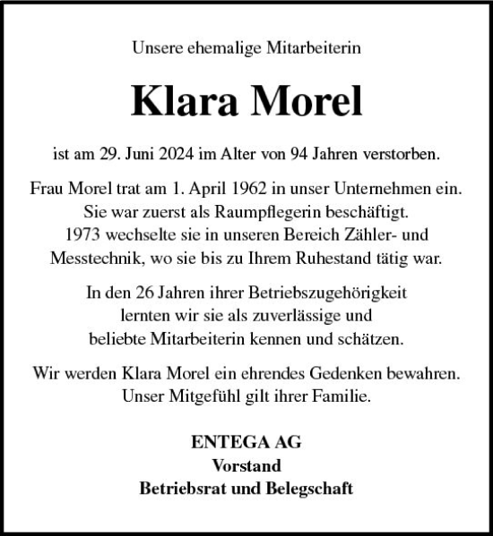 Traueranzeige von Klara Morel von Odenwälder Echo